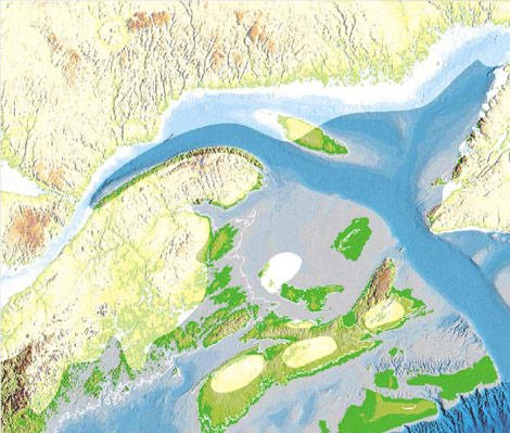 Dessin de la calotte glaciaire dans le Golfe du St-Laurent, il y a 10 000 ans