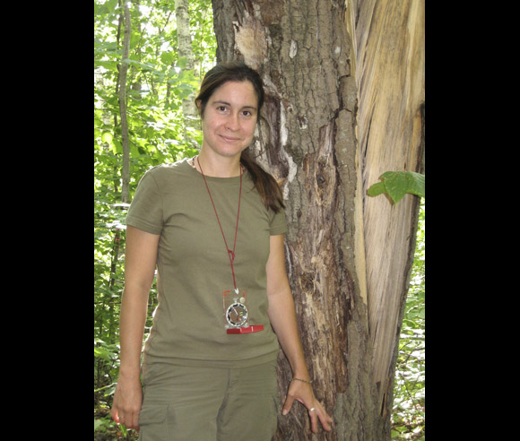 Photo d'Édith Bégin devant un arbre fendu en deux